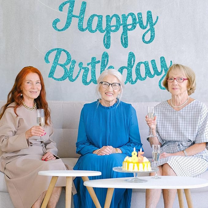BEISHIDA Happy Birthday Banner - NO DIY,Light Blue 10Feet Pre-Strung-Glitter Birthday Sign Garland Backdrop Decorations for Women men Party