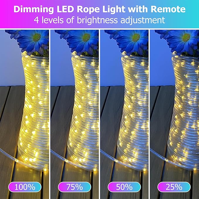 100ft 25 Colors LED Rope Lights, Outdoor IP68 Waterproof Warm White RGB Double Lamp Beads Tube String lights with Dimmable 4 Brightness, Rope Light for Outside, Yard, Deck, Party, Birthday Decorations