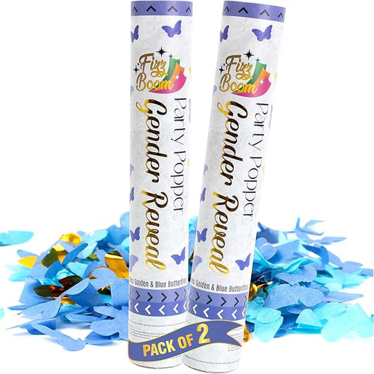 2 Pack Blue Butterfly-Shaped Confetti Poppers for Baby Gender Reveal | Blue Paper and gold mylar Baby Boy Party Supplies