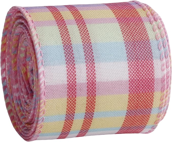 Meseey 2.5 Inch x 10 Yards Pastel Plaid Wired Ribbon, Buffalo Check Wired Edge Ribbon for Easter Wreaths, Gift Wrapping, Easter Baskets, Crafts, Spring Party Decorations