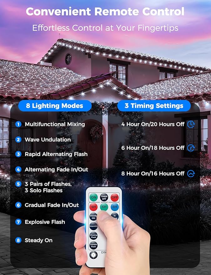 Brightever 360FT 1100 LED Outdoor String Lights, Christmas Lights with Remote Control - 8 Lighting Modes & 3 Timers, String Lights for House, Indoor, Porch, Xmas Decorations (Cool White)
