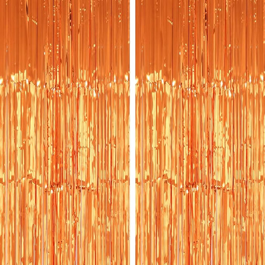 PIGETALE 2 Pack 3.2x8.2 Feet Orange Foil Fringe Backdrop Curtains, Metallic Tinsel Photo Booth Backdrop Streamers Birthday Party Decorations, Halloween Baby Shower Disco Basketball Party Supplies