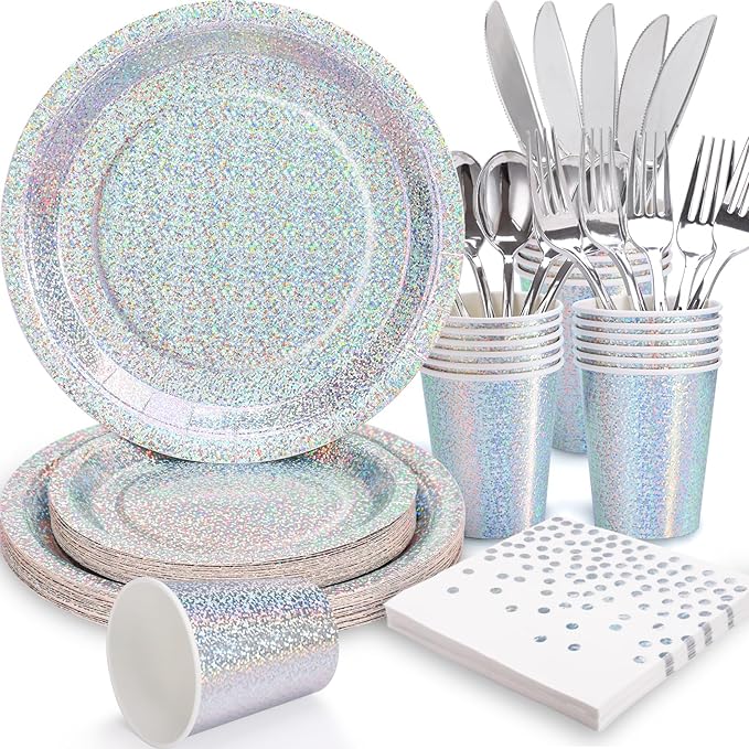 Iridescent Plates Party Supplies-168pcs Iridescent Party Decorations includes Holographic Plates Silver Dot Napkins and Silverware Set for Disco Winter Birthday Party Decorations Serves 24