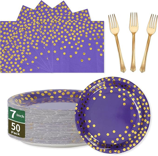 Purple and Gold Paper Tableware Set-150PCS-50 x 7'' Paper Dessert Plates & 50 x 6.5''Napkins & 50 x 7.3''Forks,Disposable Party Supplies for Birthdays,Graduation,Bridal Parties,Carnival