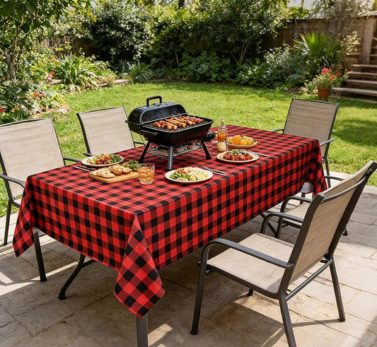 Red Waterproof Plaid Christmas Tablecloth Fabric - Square 58x58 Inch Classic Gingham Checker Holiday Table Cloth for Indoor Use - Xmas Table Cover for Picnics, BBQs, and Parties