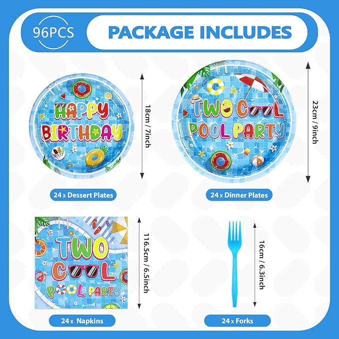 96Pcs Two Cool Pool Birthday Party Decorations Summer Swimming 2nd Party Plates Disposable Beach 2nd Birthday Tableware for Summer Beach Pool Swimming Kids 2 Years Old Hawaiian Decor, Serves 24