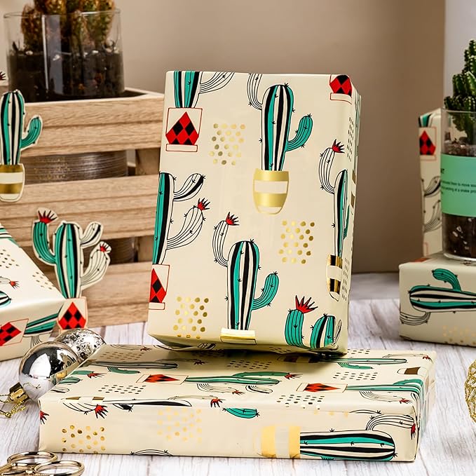 MAYPLUSS Cactus Wrapping Paper Roll - 17Inch X 33Feet - Western Green Cactus Potted Plants Gold foil Design Gift Wrap Thick Paper for Baby Shower, Christmas, Holiday, Birthday, Wedding, Cactus Lover
