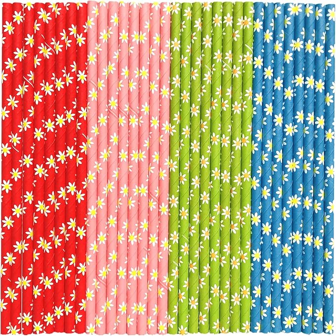 100 pcs Floral Garden Tea Party Paper Straws, Yellow White Daisy Flower Pink Blue Red Green Ditsy Drinking Straws, Vintage Spring Summer Wedding Baby Bridal Shower Cake Pop Sticks (Daisy Bouquet)
