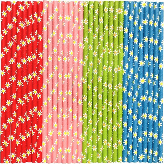 100 pcs Floral Garden Tea Party Paper Straws, Yellow White Daisy Flower Pink Blue Red Green Ditsy Drinking Straws, Vintage Spring Summer Wedding Baby Bridal Shower Cake Pop Sticks (Daisy Bouquet)