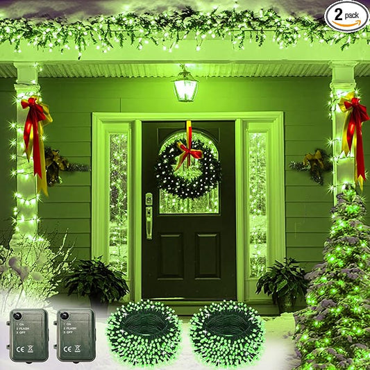 Pooqla Green String Lights Battery Powered, 2 Pack Total 33 FT 100 LED Christmas String Lights for Indoor Outdoor Decoration, Twinkle Fairy Light for ST Patrick's Day Decorations