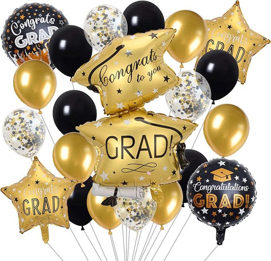 21 PCS Graduation Decorations Balloons, Black and Gold Balloon Grad Cap Round & Star Foil Balloons Congrats Grad for Boy Girls Graduation Party Decorations Supplies