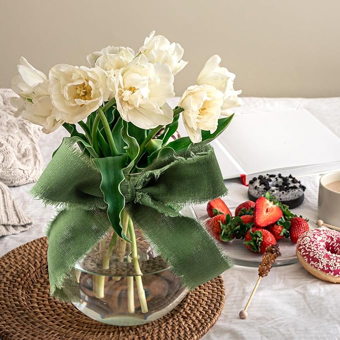 Green & Ivory Cotton Linen Ribbon 1-1/2 Inch x 21Yds Boho Vintage Rustic Ribbon Handmade Fringe Frayed Cloth Fabric Ribbon for Gift Wrapping Wedding Invitations Bridal Bouquets DIY Crafts