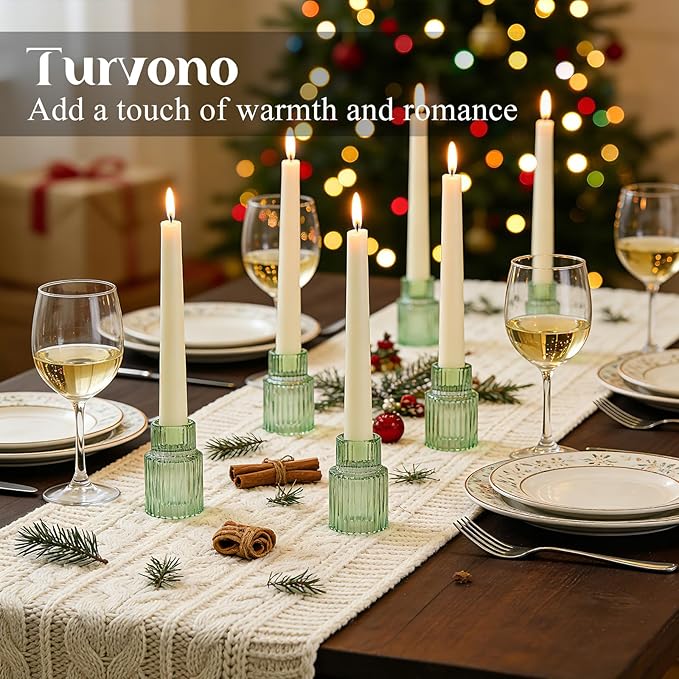 Green Glass Taper Candle Holders Set of 12, Small Tapered Candlestick Holders in Bulk, Modern Short Candle Sticks for Dining Table Centerpiece Wedding Christmas Party & Holiday Decorations