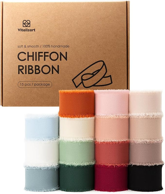 Vitalizart 1" x 75Yd Chiffon Silk Ribbon Mixed Color Ribbons Set 5 Yd x 15 Rolls Fringe Fabric for Wedding Invitations Bridal Bouquets Decorations Gifts Wrapping & Bow Making