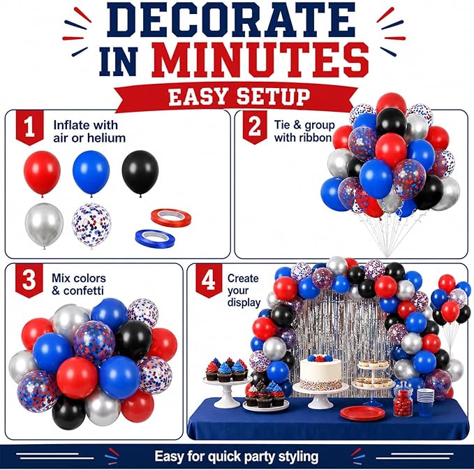Red and Blue Balloons, 60PCS Blue Red Balloon Set, 12 Inch Patriotic Latex Metallic Confetti Balloons for Independence Day 4th of July Birthday Graduation Memorial Day Party Decor