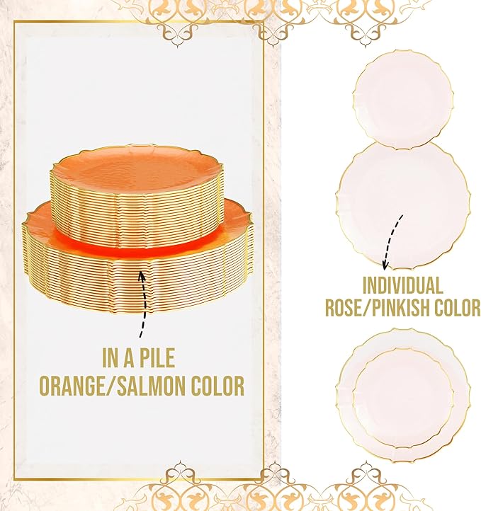 Exquisite Tinted Plates - 80 Piece Plastic Disposable Party Set for 40 Guests - 40 X 7.5 Dessert & 40 X 10 Thin Delicate Fancy Plates - Coral Peach with Gold Rim