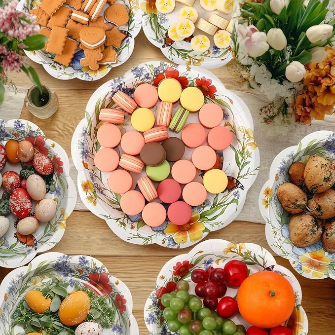 Zhehao 50 Pcs Wildflower Party Paper Plates 7 Inch 9 Inch Floral Butterflies Disposable Dessert Plates Flower Tea Party Tableware for Spring Summer Bridal Baby Shower Birthday Supplies Decors