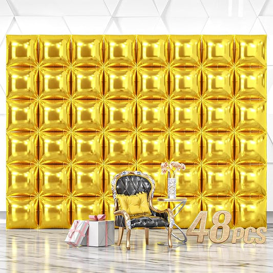 NISOCY 48PCS Gold Square Foil Balloons Wall Backdrop Metallic Double Sided Gold Christmas Balloons Tunnel Arch Kit for New Year Birthday Anniversary Graduation Party Decorations