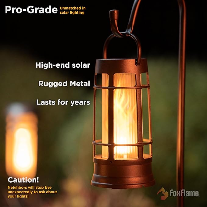 FoxFlame Upgraded Metal Outdoor Solar Lantern, Flickering Solar Lanterns Outdoor Waterproof with Patented LED, Outdoor Lanterns for Porch, Patio, Garden, Tabletop, Hanging Use, Matte Black (1 Pack)