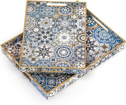 Hiceeden Set of 2 Decorative Serving Trays with Handles, Boho Tea Trays Ottoman Trays for Serving, Modern Plastic Coffee Table Tray for Living Room, Kitchen, Bathroom, Rectangle, Blue