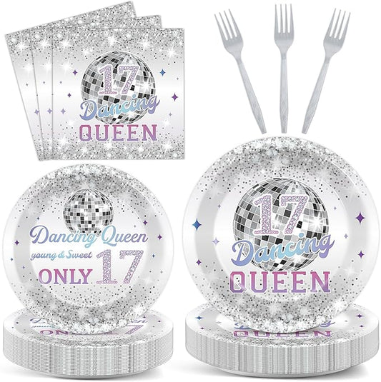 CHUNNIN 96Pcs Dancing Queen Plates and Napkins for 17 Birthday Party Decorations for Girls Silver 17 Year Old Dessert Plates Dancing Queen Tableware Set for 24 Guests 17 Birthday Party Supplies