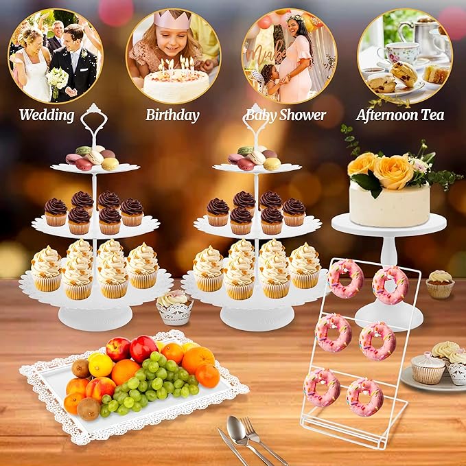 White Cake Stand Set, Dessert Table Display Metal Round Tiered Cupcake Holder Cookies Candy Donut Plate Table Serving Tower Tray Platter For Wedding, Celebration, Party, Birthday (5 Pack)