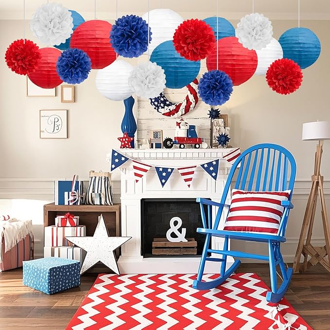 18 PCS Red White Blue Paper Lanterns & Tissue Paper Pom Poms for July 4th Independence Day, Memorial Day, Baseball Party, Patriotic Veteran Celebration Theme Party Decoration Set Supplies