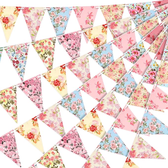 Funtery 5 Pcs Retro Bright Floral Paper Garland Chic Tea Party Decorations Wildflower Garland Floral Triangle Banner for Wedding Birthday Parties Festivals Home Outdoor Hanging Decorations