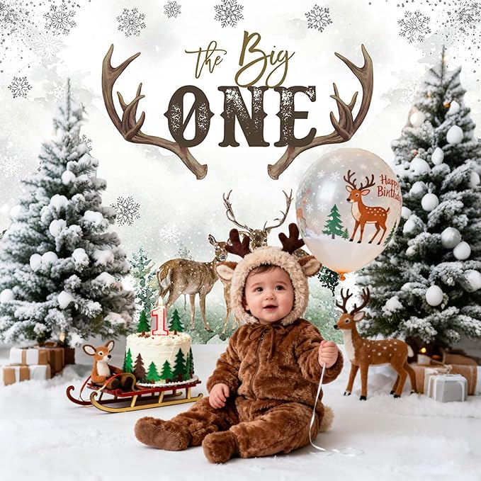 Mocsicka Deer 1st Birthday Backdrop Advenrture Winter Forest Deer Party Decoration The Big One Deer Antlers Rustic 1st Birthday Banner Bakground (Green, 7x5ft(82x60 inch))