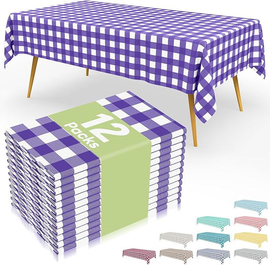 Smiry 12 Packs Gingham Disposable Table Cloth, 54 x 108 Inch Waterproof Plastic Tablecloth, Rectangle Purple and White Checkered Table Covers for Picnic, Birthday, Party