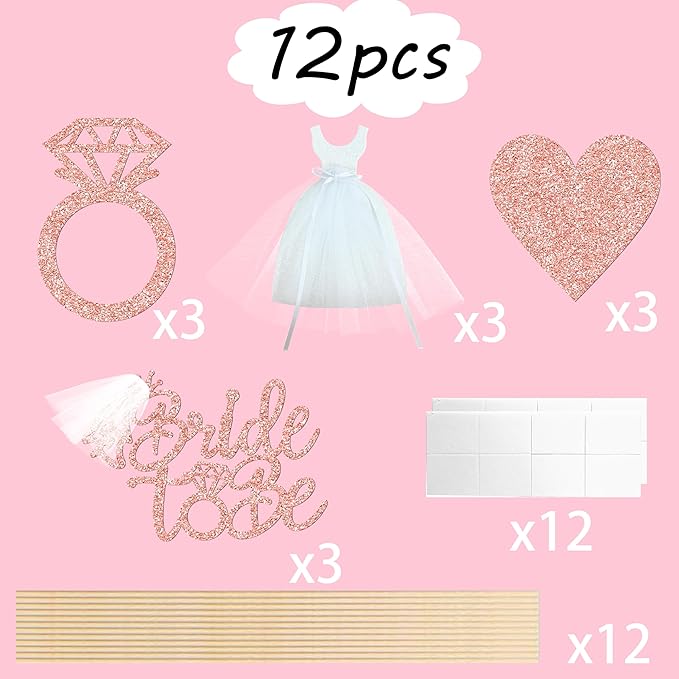 12pcs Glitter Bridal Shower Centerpiece Sticks Bride to Be Party Centerpiece Decorations for Table Bride White Dress Ring Theme Party Table Toppers for Engagement Wedding Party Supplies