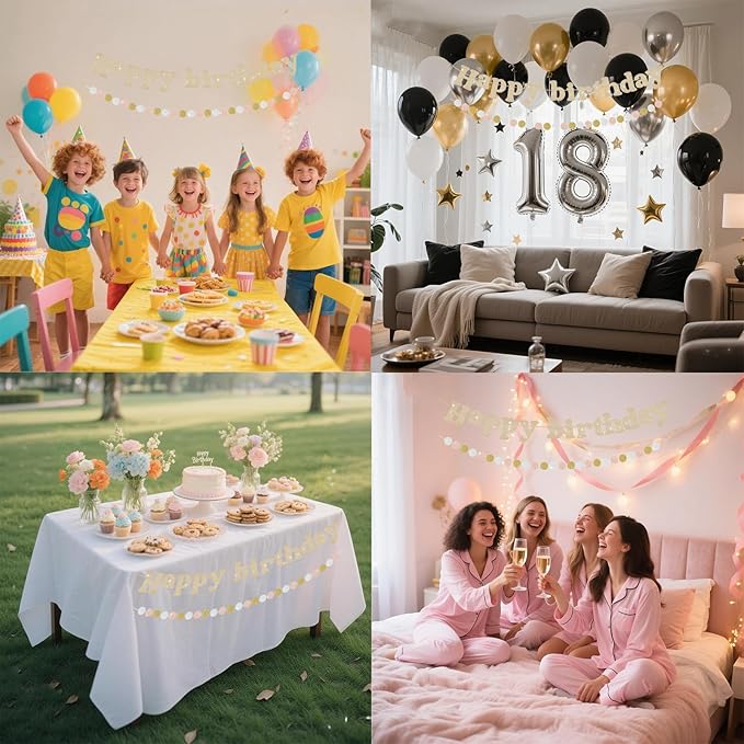 Champagne Gold Happy Birthday Banner, Pre-Strung Happy Birthday Sign, Glitter Birthday Party Supplies with Circle for Party Door Wall Mantle Hanging Sign Backdrop Decorations