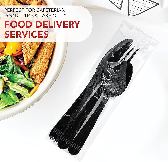 Party Essentials Individually Wrapped Heavy Duty Plastic Utensil Kits, 50 Sets for Party Catering, Fork/Spoon/Knife/Napkin, Black