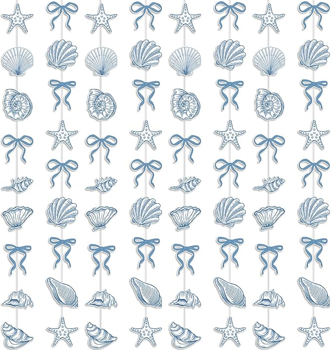TaoBary 8 Pack Blue Bow Starfish and Seashell Garland 6.56 ft Ocean Coastal Nautical Paper Hanging Decorations Pre Strung Banner for Under the Sea Beach Wedding Mermaid Birthday Party Decorations