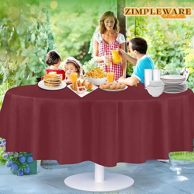 ZIMPLEWARE Premium Burgundy Plastic Table Cloth Disposable (12 Pack) Round Tablecloth (84in) Party Table Cloths Disposable, Perfect Table Cloth Round Cover for Any Table Up to 6 Feet