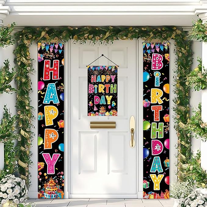 3 PCS Colorful Happy Birthday Banner Door Porch Sign Photography Black Background Party Supplies for Kids Boys Girls Birthday Party Supplies Indoor Outdoor Decor(Black)