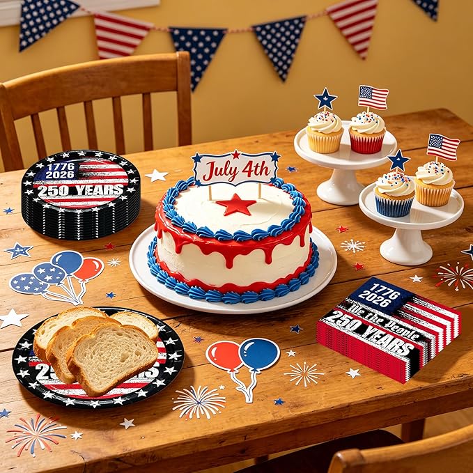 72PCS 250th Anniversary USA Party Supplies - Retro American Flag Paper Plates and Napkins Disposable Patriotic Tableware Set for 4th of July Memorial Day Party Decoration