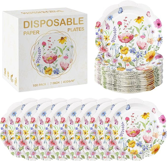 Kochorie 100 PCS Wildflower Paper Plate, 7 Inch Scalloped Party Plates, Disposable Floral Paper Plates, Floral Dessert Plate Bulk for Birthday Bridal Baby Shower Wedding Party Supplies