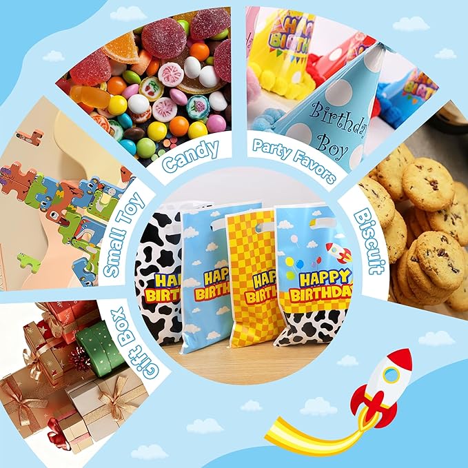 Bsenhe 60PCS Cartoon Goodie Bags, Cartoon Birthday Party Favor Gift Bags Blue Sky White Cloud Cow Plastic Candy Bags for Themed Party with Handle