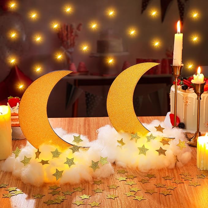 Wonderjune 9 Sets Twinkle Twinkle Little Star Table Centerpieces DIY Moon Stars Baby Shower Decorations Light Star Cloud Decor for Baby Shower Birthday Party DIY Crafts(Glitter Gold)