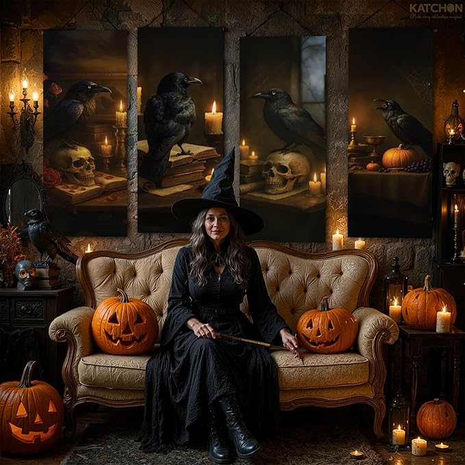 KatchOn Spooky Raven and Scull Stretching Portrait - 47x16 Inch, Pack of 4 | Spooky Banner, Posters for Halloween Decorations Indoor | Halloween Photo Backdrop for Spooky Decorations | Gothic Decor,