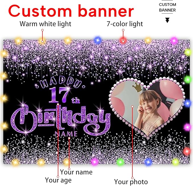 Dicodes Customizable Happy Birthday Decoration Banner - Black and Purple Shiny - Large Size