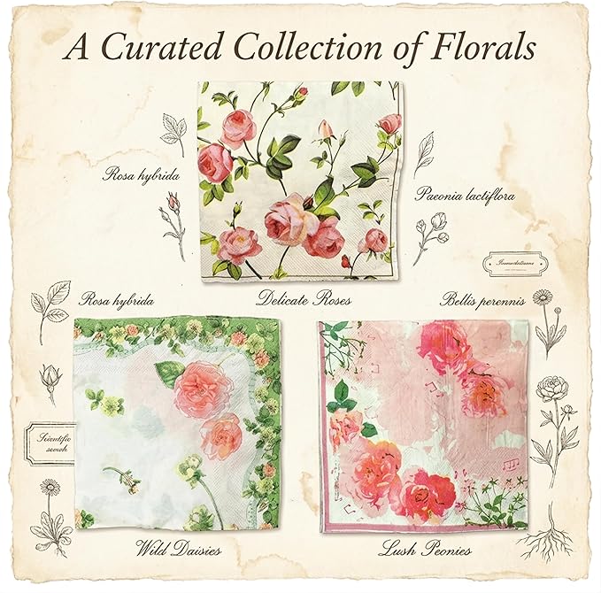 Floral Paper Napkins - 60 Count Napkins Disposable & Cocktail Napkins for Tea Party, Wedding & Baby Shower - Assorted Mixed Bouquet Party Napkins, Beverage Napkins Dinner Essentials