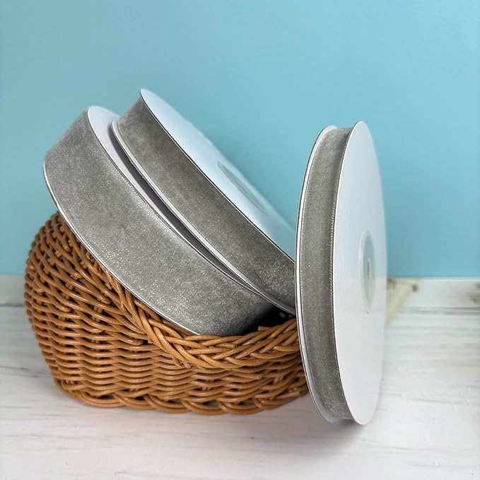 Thin Silver Velvet Ribbon Set, 3 Rolls Vintage Grey Velvet Ribbon for Gift Wrapping,Thick Gray Christmas Ribbons for Christmas Tree Ornaments, Holiday Wreaths, 3/8, 5/8, 1 inch Wide, 30 Yards Total