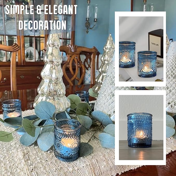 12 Pcs Blue Glass Votive Candle Holders, Tealight Candle Holders for Table Centerpieces, Vintage Candle Holder Bulk, Boho Wedding, Home, Bridal Shower, Birthday Party Table Decor (Blue)