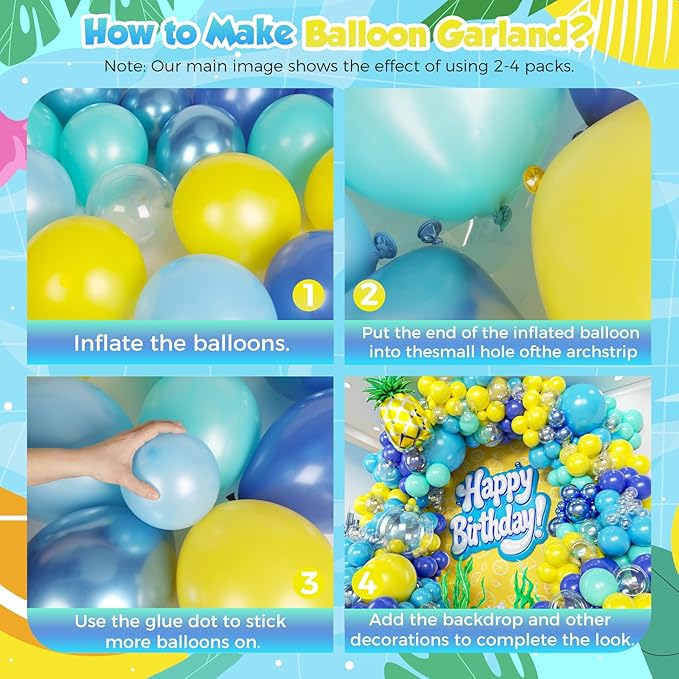160pcs Cartoon Sponge Balloons Garland Arch Kit, Birthday Decorations Yellow Blue Clear Metallic Blue Teal Balloons and Pineapple Balloon Arch for Cartoon Birthday Baby Shower Party Decor