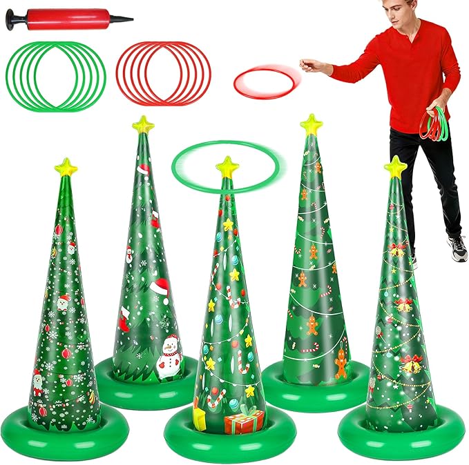 5 Pack Christmas Ring Toss Games, Christmas Tree Inflatable Ring Toss Game Set with Pump, for Adults, Family, Holiday Indoor Outdoor Party Game Garden Toys Gifts
