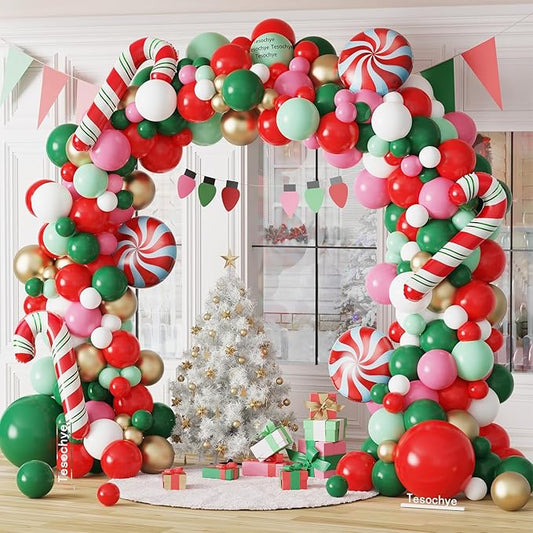 Tesochye Christmas Balloon Garland Arch kit, 161 Pcs Red Green White Pink Metallic Gold Balloons Candy Cane Foil Balloons for Xmas Christmas Party Decorations Candy Theme Birthday Baby Shower Supplies