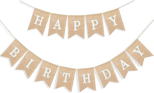 Uniwish Happy Birthday Burlap Banner Neutral Happy Birthday Party Decorations Boho Rustic Bunting Sign Swallowtail Flags, 2 in 1