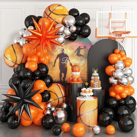 Basketball Balloon Arch Kit, 111pcs Orange and Black Silver Balloons Garland Kit with Explosion Star Balloons, Sports Balloon Kit for Boys Birthday Baby Shower Sports Theme Decorations Supplies
